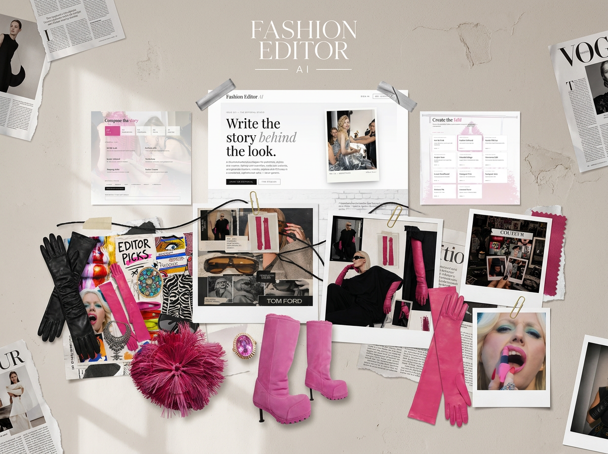 Fashion Editor AI moodboard — pink editorial collage with gloves, boots, and magazine clippings